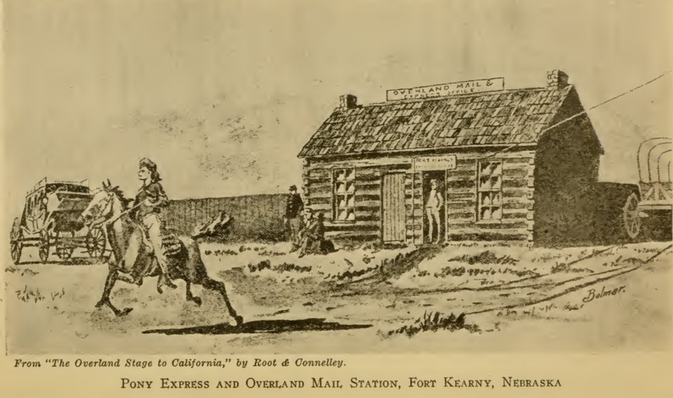Historical illustration of a Pony Express rider on horseback