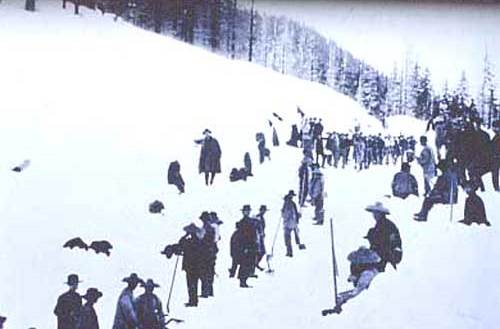 Chinese railroad workers in the Sierra Nevada snow during construction of the Central Pacific Railroad