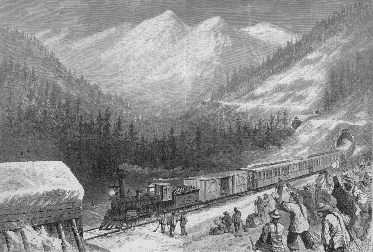Illustration of Chinese railroad workers grading track through the Sierra Nevada