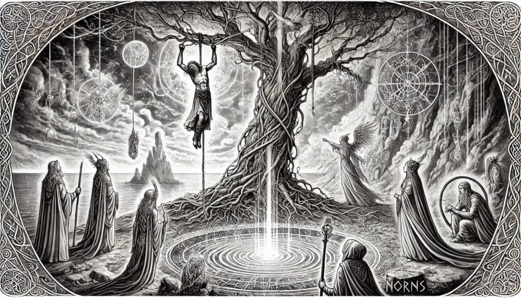 Odin hanging from Yggdrasil’s branches watched by the Norns.